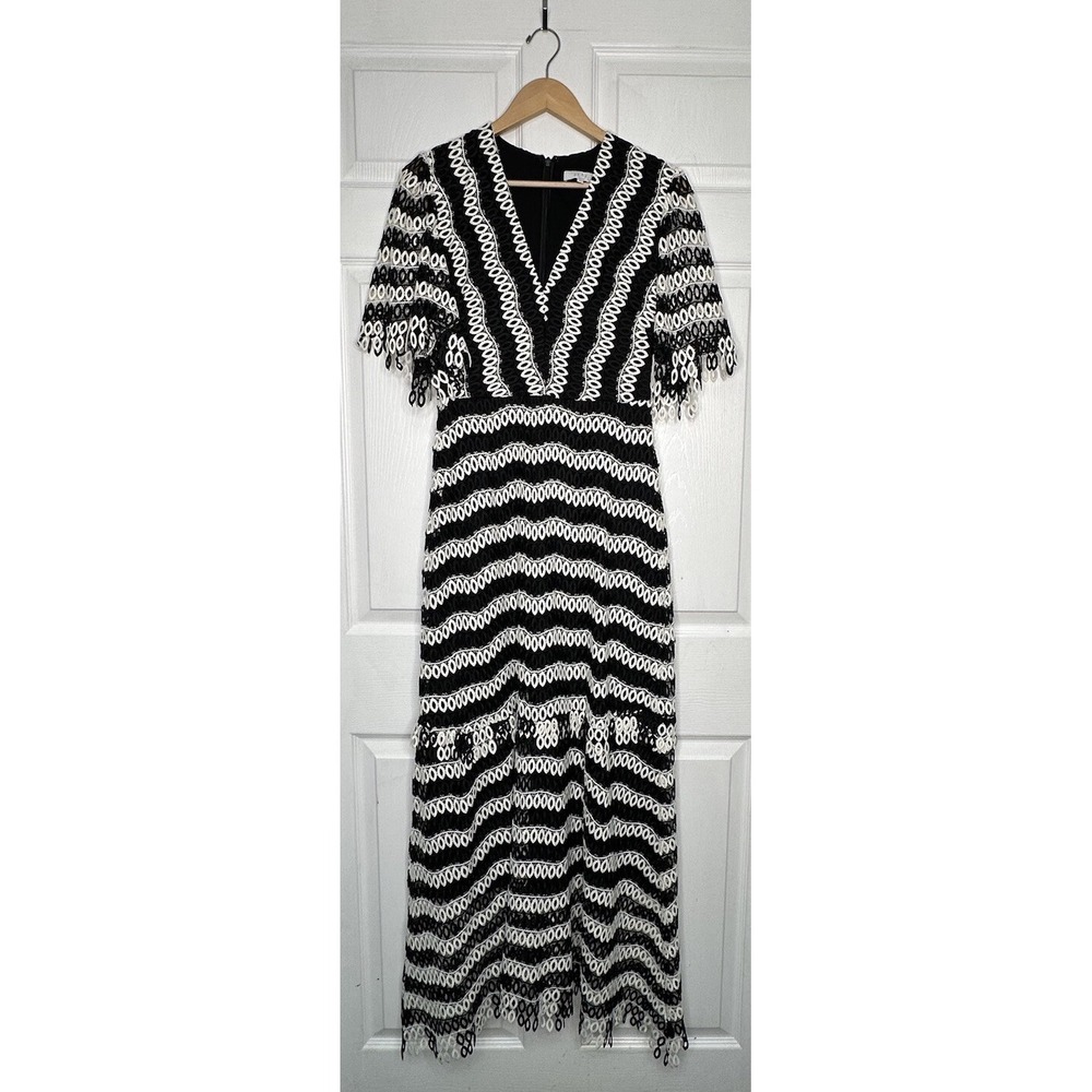 Pearl by Lela Rose Womens 4 Black and Whited Striped Maxi V-neck Lace Fringe